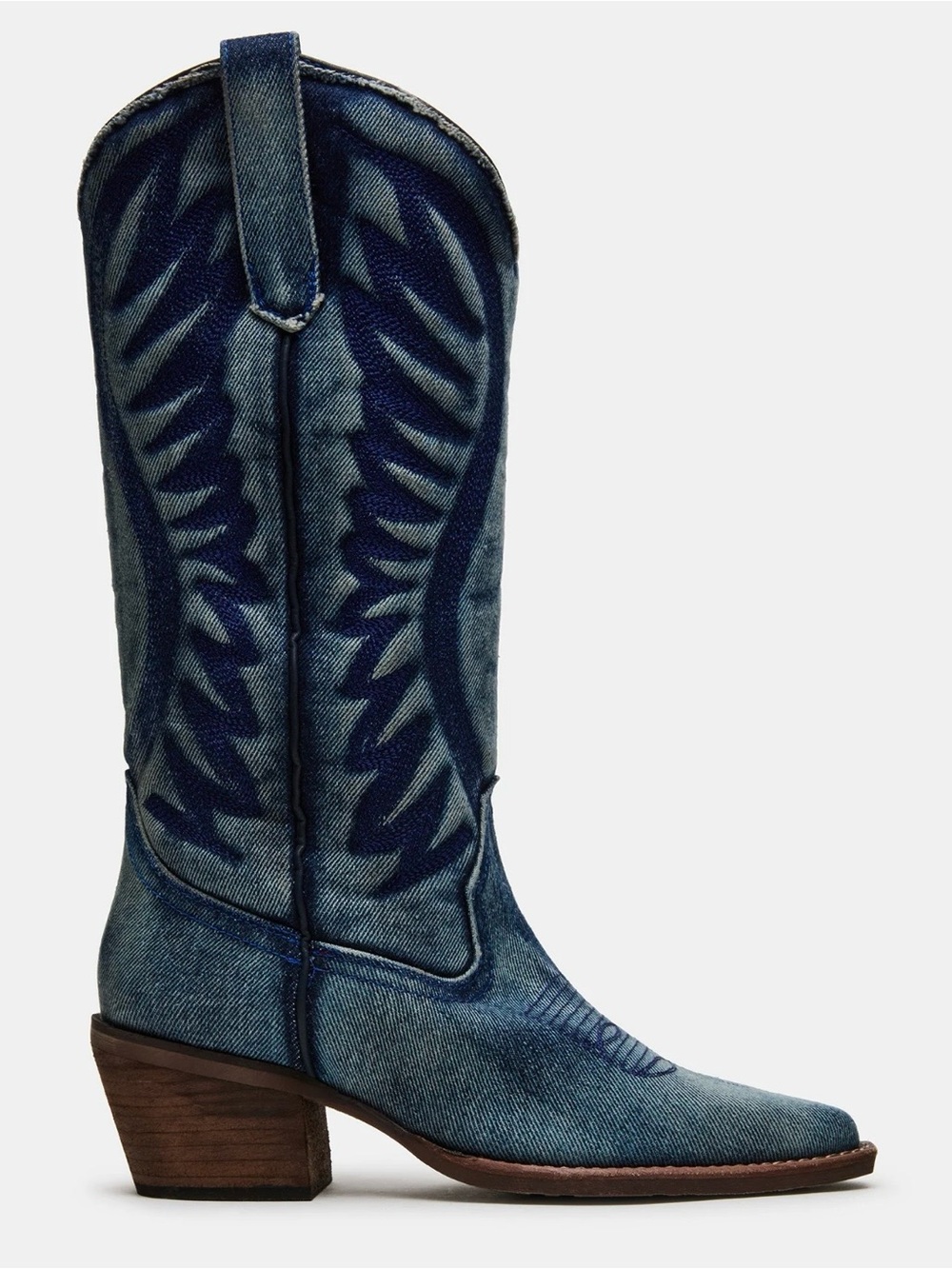NEW Steve Madden Albany Denim Fab Embroidered Western Cowboy Boots Acid Wash - Picture 9 of 12
